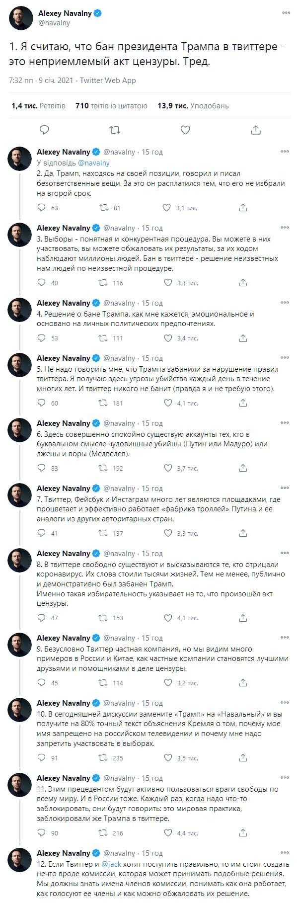Навальный раскритиковал бан Трампу в Твиттере. Скриншот: twitter.com/navalny qzeiqxtidhiqddkmp